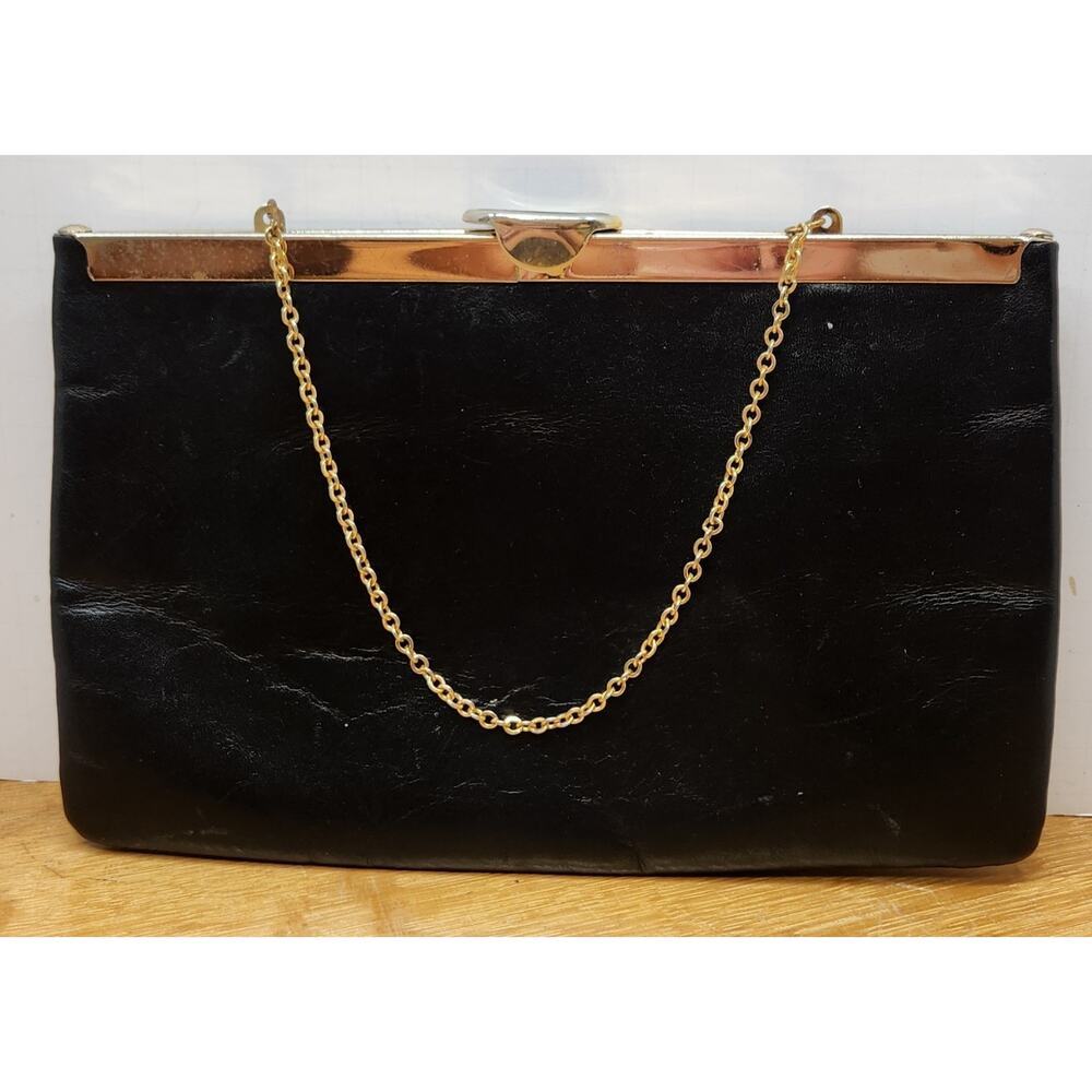 Vintage‎ ETRA Black Leather Clutch Handbag Purse Chain Clasp